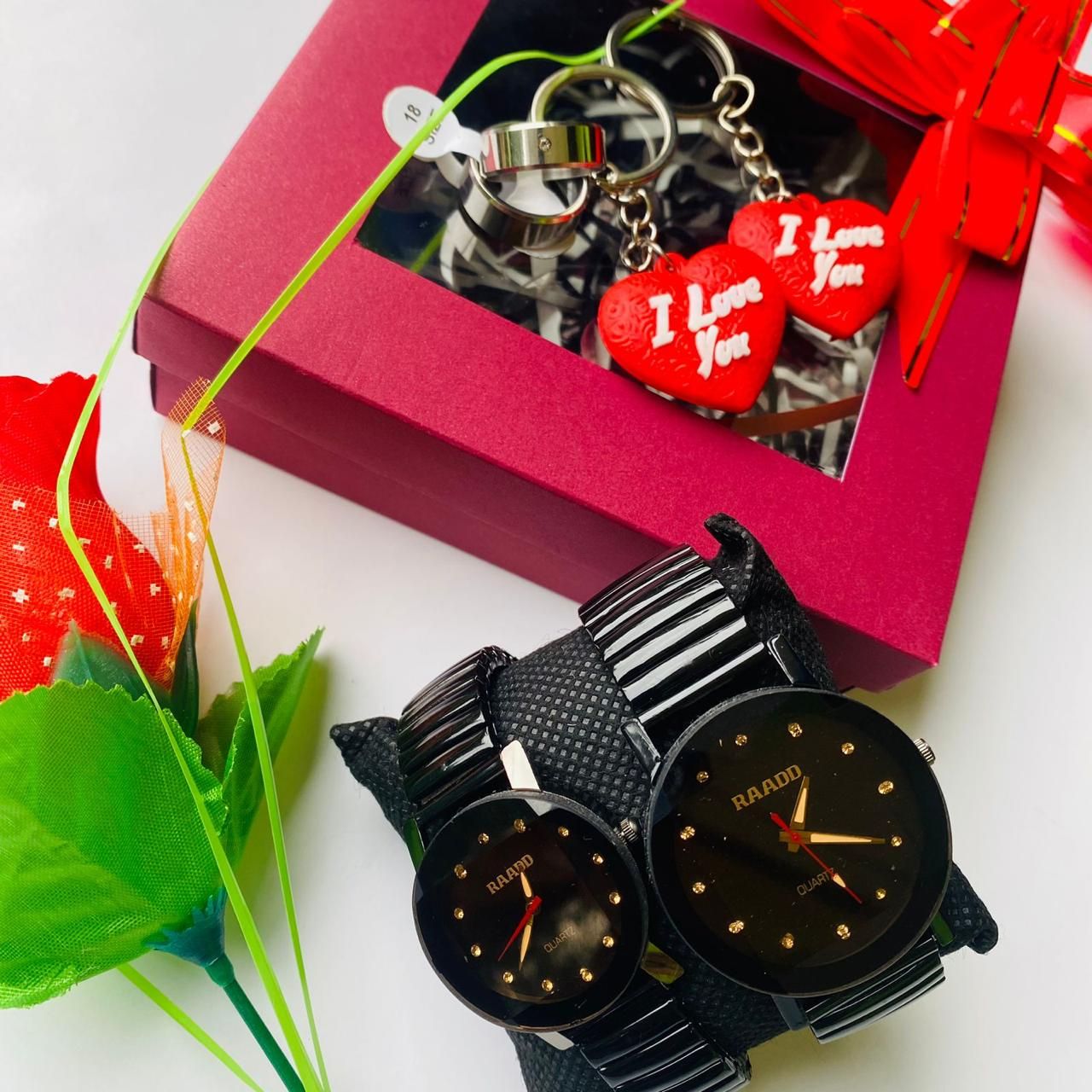 Gift Box Couple Valentine Day Gift Pack For Girlfriend Boyfriend Husband  Wife Fiance Beautiful Basket 8Pcs Couple Items Decorated Couple Gift Box  Couple Watch, Couple Ring, Keytag, Rose Flower, Free Lolipop Customized
