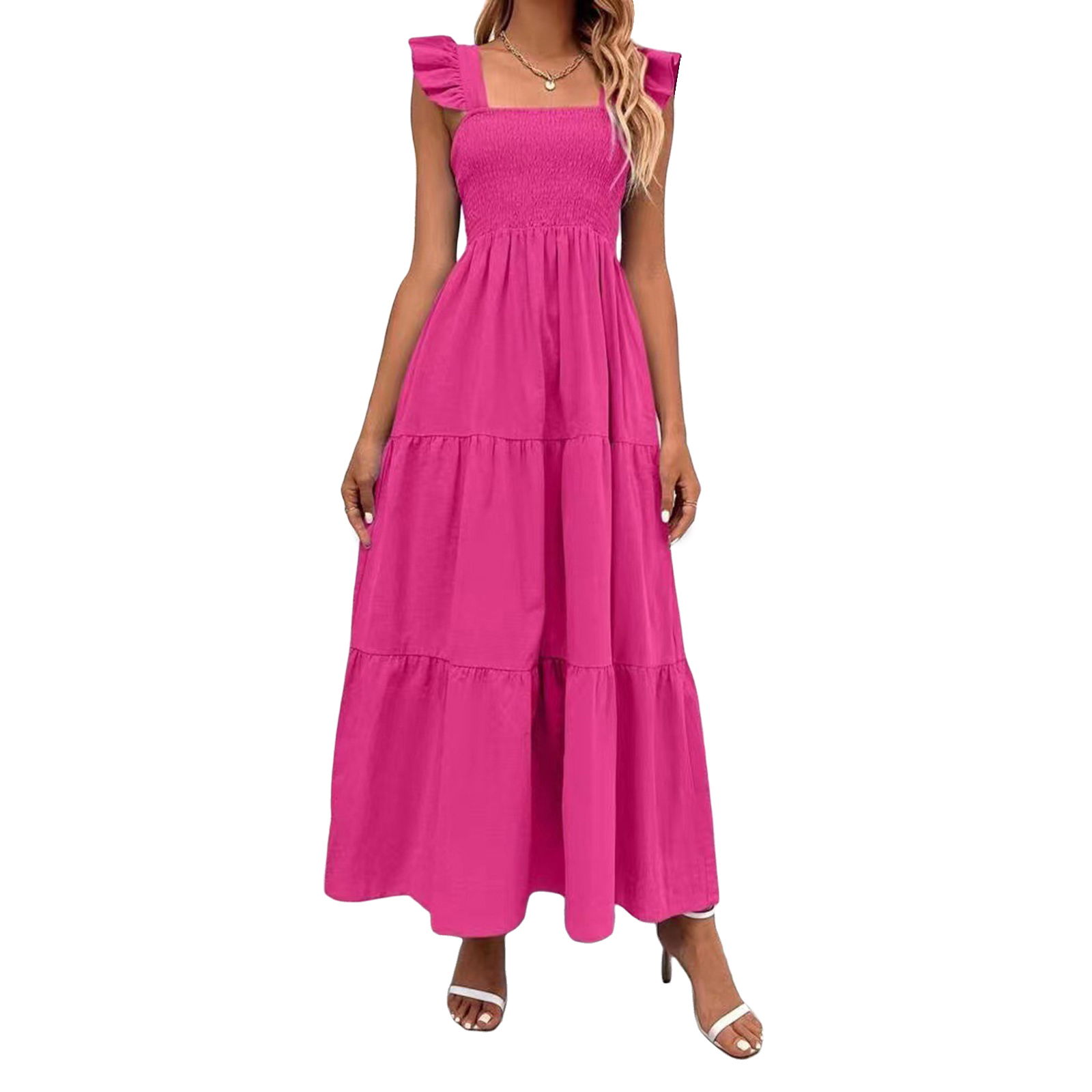 Women Long Dress, Fly Sleeve Square Neck Solid Loose Swing Dress Summer A-line Dress. 
