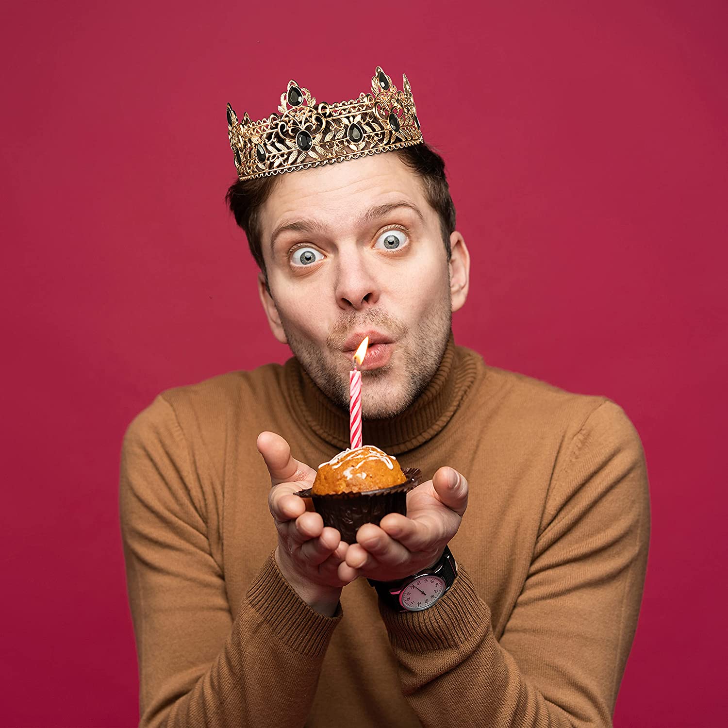 King Crown for Men, Birthday Crowns for Men Boys Vintage Royal Crown with Black Rhinestone,. 