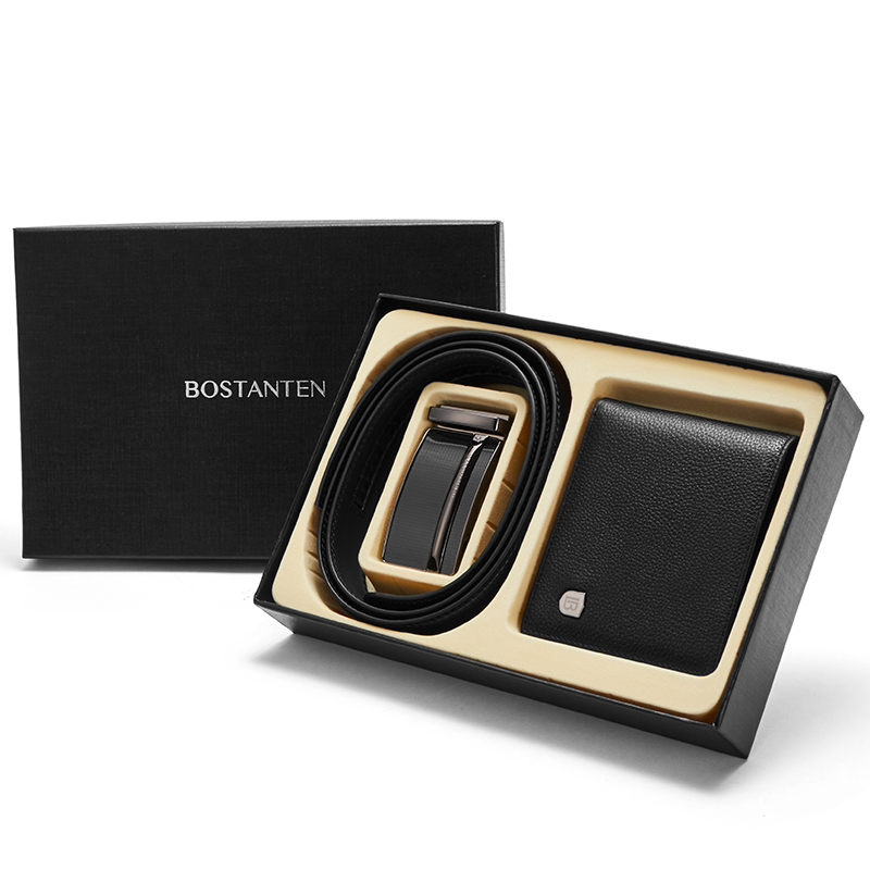 Bostanten Men's Genuine Leather Belts And Bifold Wallet Gift Box Black. 