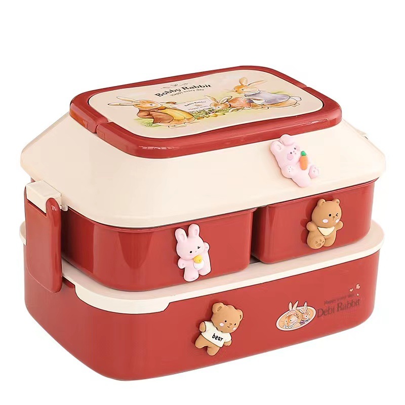 Portable Food Grade Large Capacity Lunch Box Bento Box Japanese Student with Cover Double Layer Plastic Microwaveable Heating. 