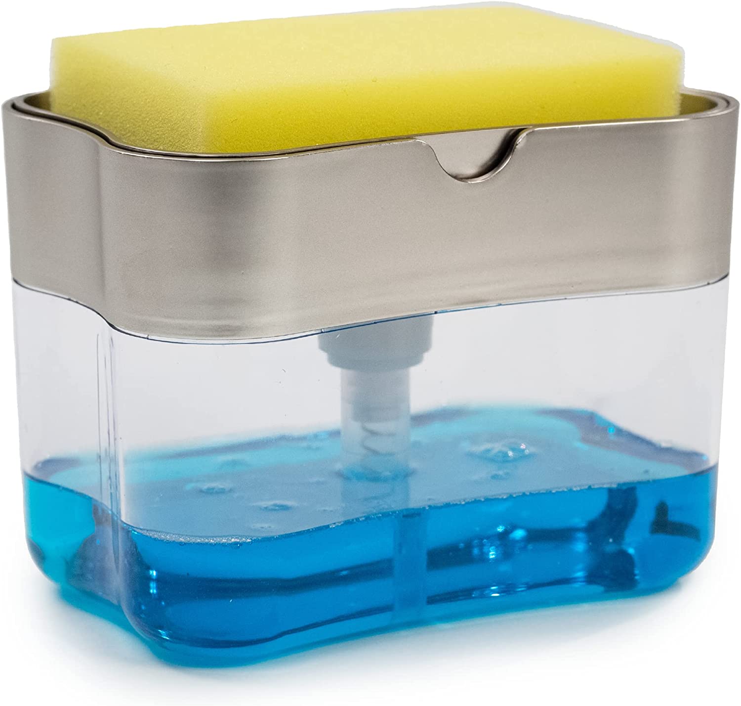 Soap Dispenser and Sponge Holder for Kitchen Sink, Sponge Included, 13 Ounces, Metallic Silver