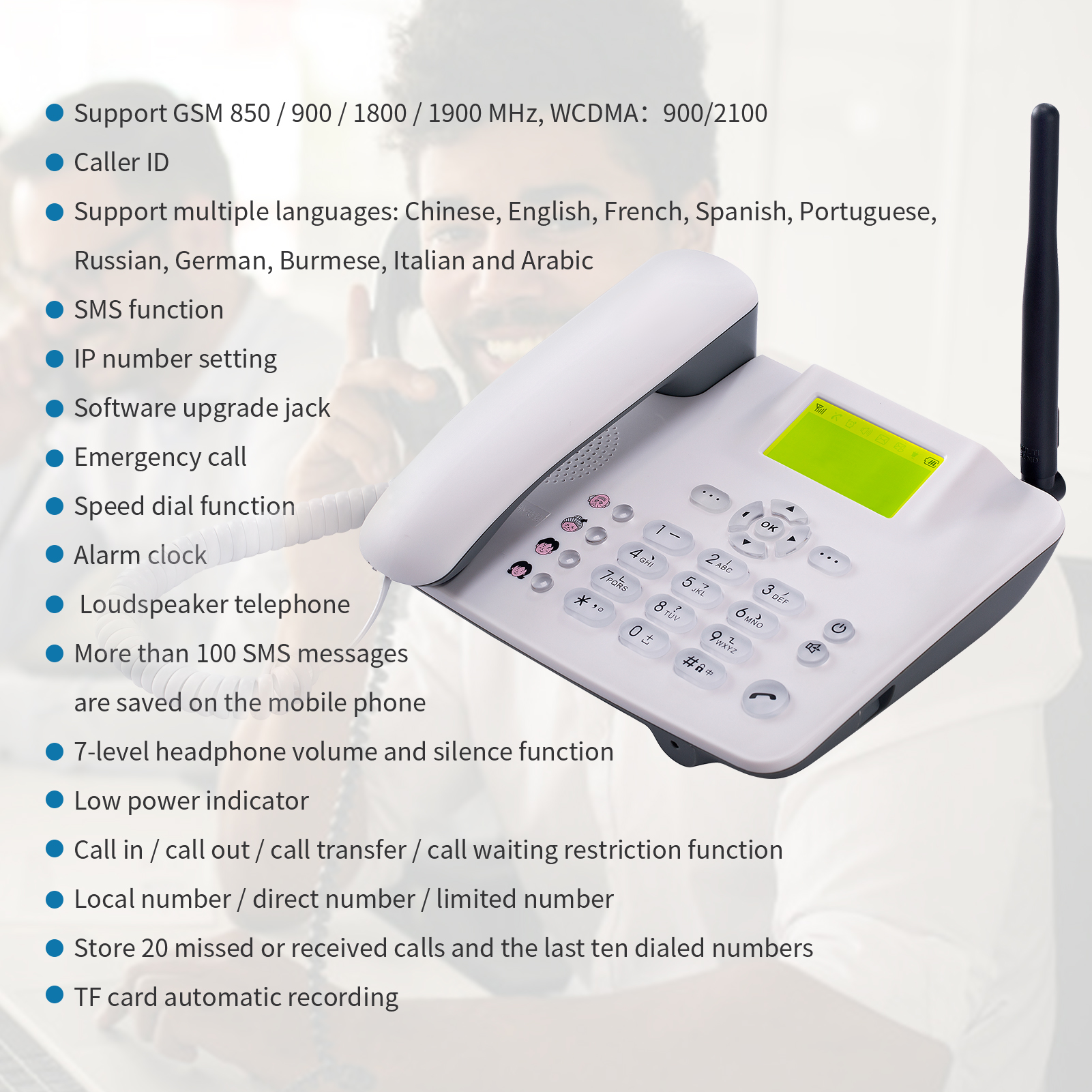 Fixed wi-rel-ess Phone Desktop Telephone Support Dual si-m TF Card 3G Cordless Phone with ante-nna Ra-dio Alarm Clock Automatic Auto-rec-ording Funtion for House Home Call Center Office Company Hotel. 