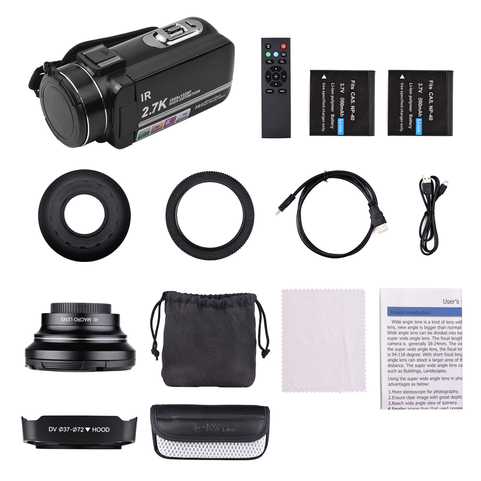 2.7K Ultra HD Digital Video Camera DV Camcorder 36MP 16X Zoom 3-inch Rotatable LCD Touch Screen IR Night Vision Motion Dectection Anti-shaking Time Lapse Slow Motion with 0.39X Wide Angle Lens Re-mote Control 2pcs Re-chargeable Batt-eries. 