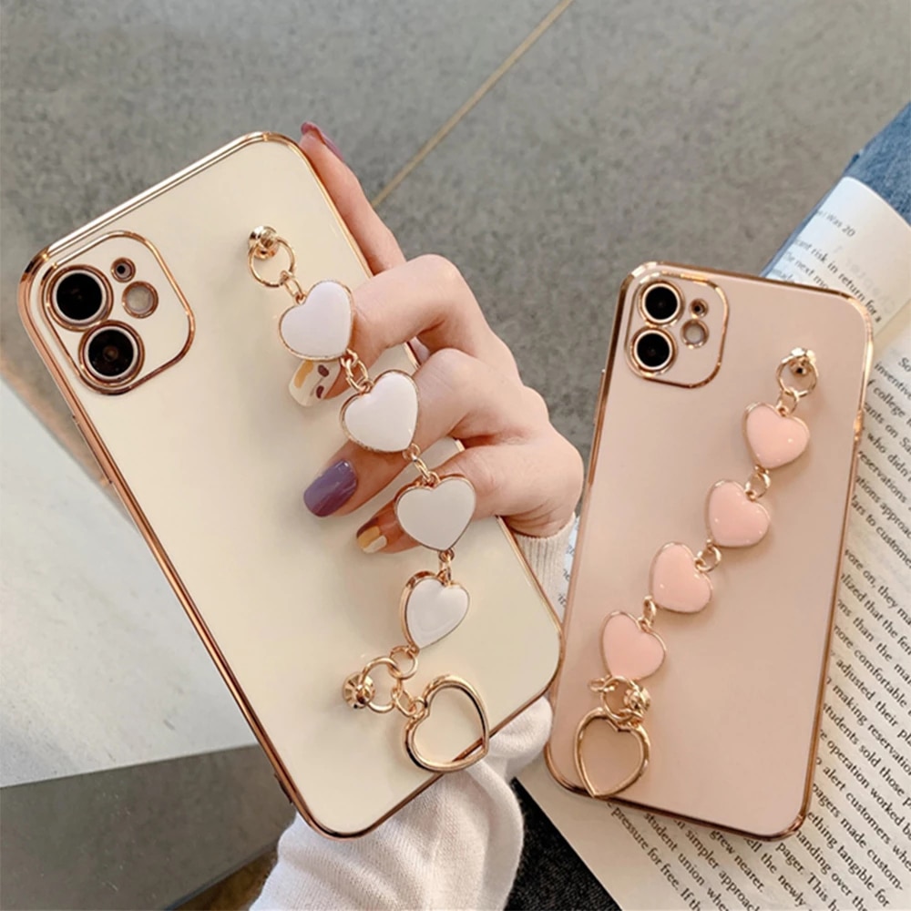 【ThinkWay】Luxury Plating Love Heart Chain Wrist Bracelet Soft Phone Case for Iphone 13 12 Pro Max X XS XR 11 Pro Max 7 8 Plus Coque Cover. 