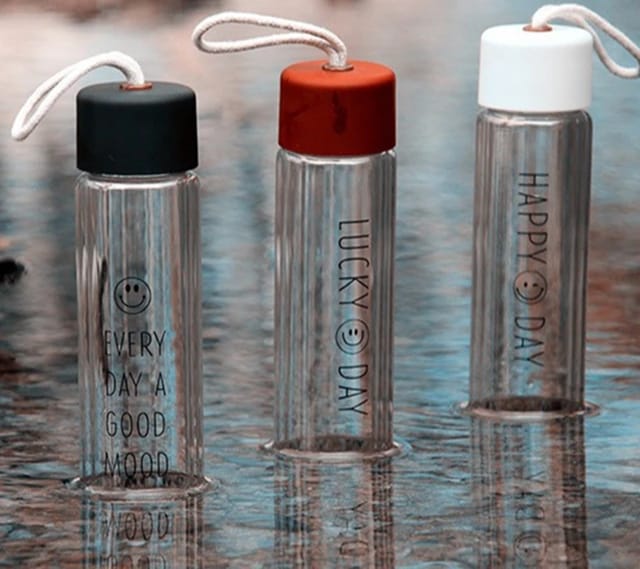 Customization 350ml Frosted transparent and smoke Glass Water Drinking Bottle smile Glass Water Bottle. 