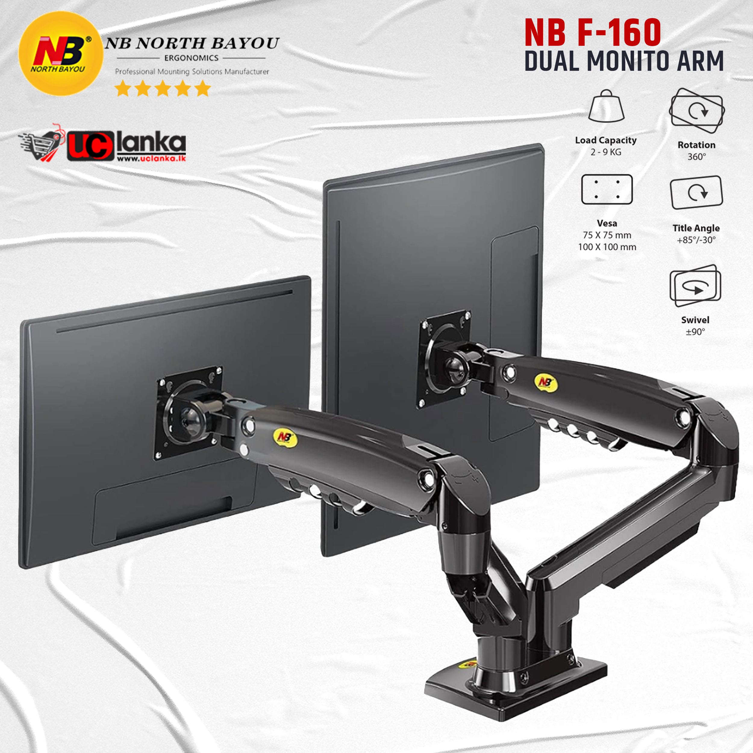 NB F160 Dual Monitor Arm Gas Spring 360 Degree Desktop 17"-30" Ergonomic Dual Arm Monitor Mount Bracket. 