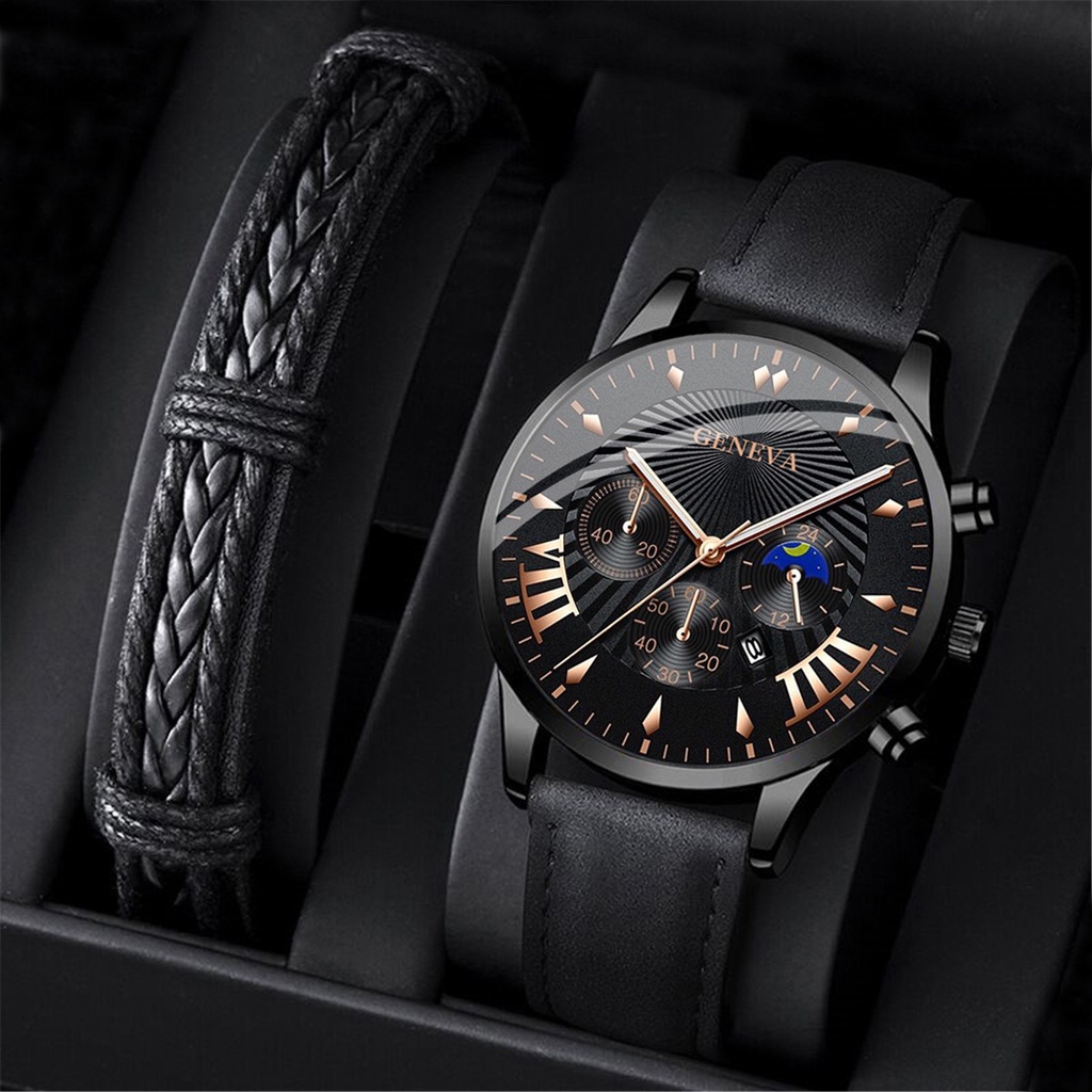 Enacolor 2Pcs/Set Simple Male Leather Bracelets Quartz Watch Set Fashion Casual Accessories Men Gift
