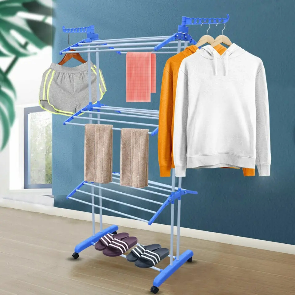 Three Layers Clothes RackCloth Drier Rack Clothes Drying Rack,4-Tier Foldable Clothes Hanger Adjustable Large Stainless Steel Garment Laundry Racks for Indoor Outdoor. 