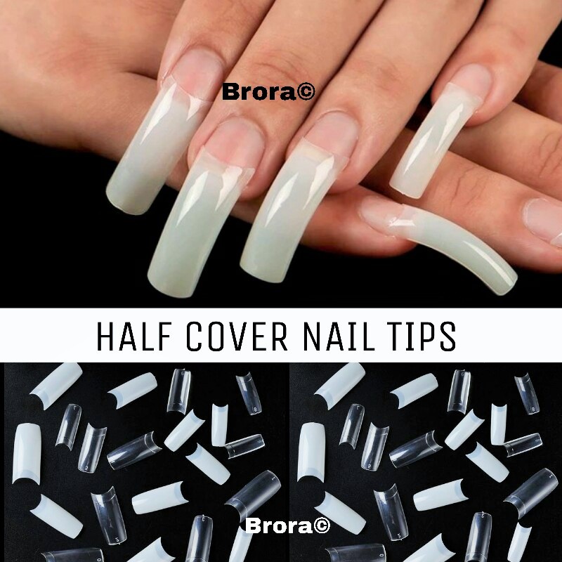 100 Half Cover Nails Long Acrylic Nail Tips Artificial False Nails Clear ,Natural & White - Free Nail Glue. 