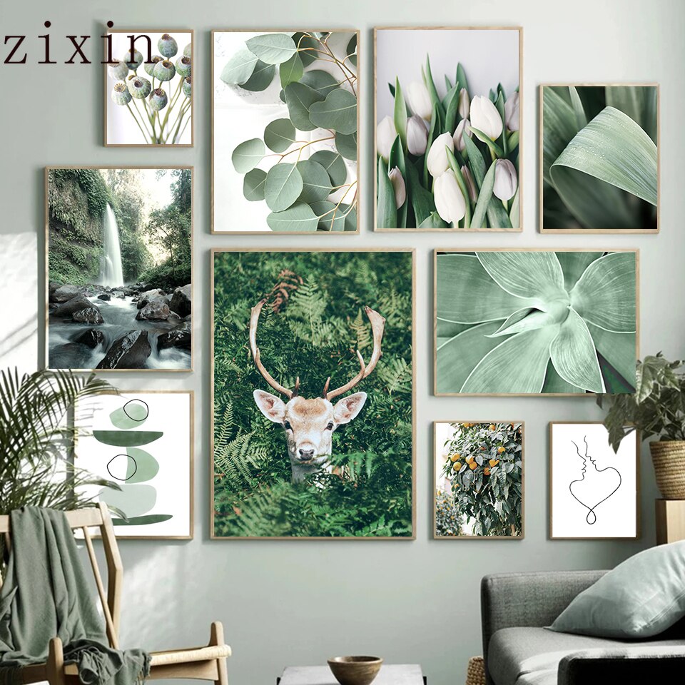 White Tulips Deer Forest Waterfall Poster Nature LandscapeCanvas Painting Green Leaf Home Interior Decor Orange Picture Prints