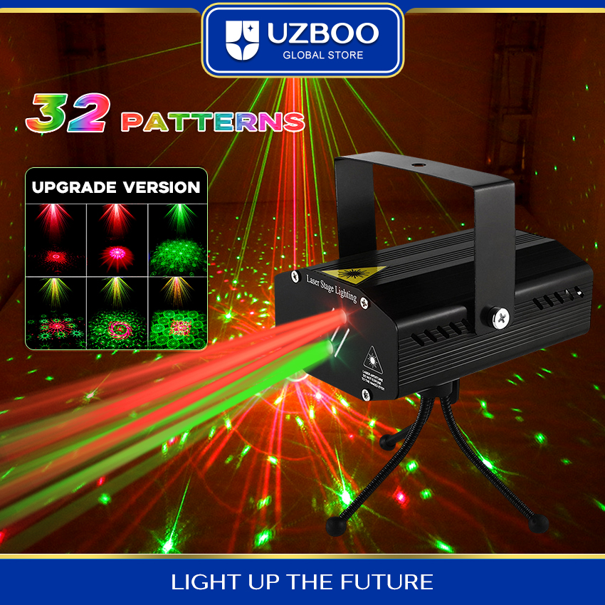 UZBOO RGB Laser Stage Lights 32 Pattern Party Projector Lights DJ Disco Sound Activated Strobe Lights RGB LED Laser Projector For Birthday Wedding KTV Bar Concert USB Plug. 
