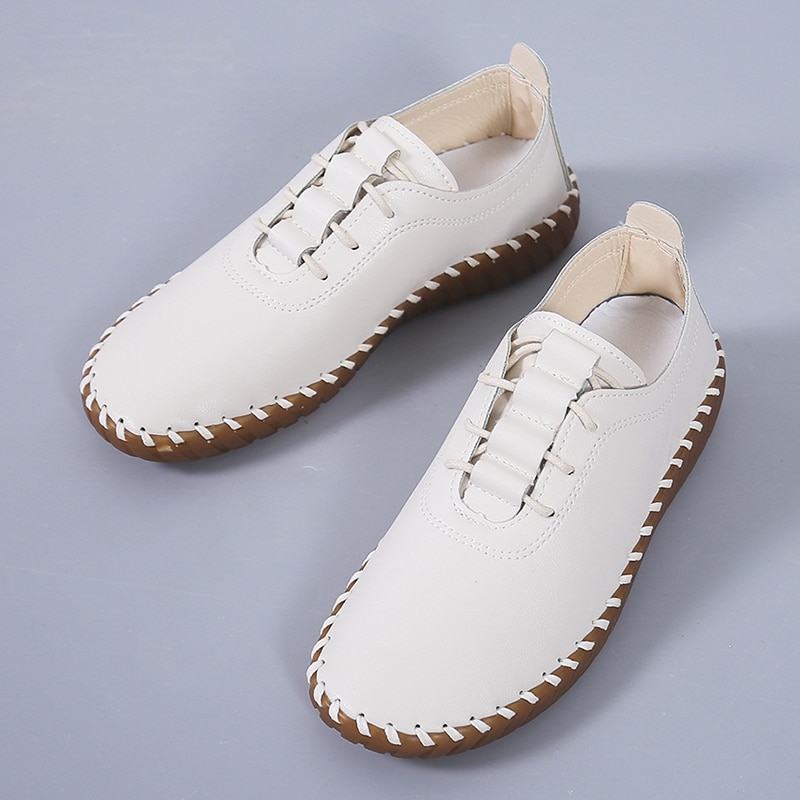 【ALLGOOD】Spring Women Flat Shoes  Handmade Sewing   Cow-muscle Soft Bottom Daily  Up Women Casual Shoes. 