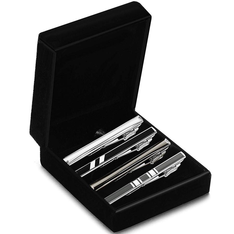 【BestGO】4 Pcs Mens Tie Clip Set Skinny Tie Clip Silver-Tone Black Gray Tie Bar Clip with Gift Case Tie Clip Father's Day Men's Gift Boyfriend Gift High-end Gift. 