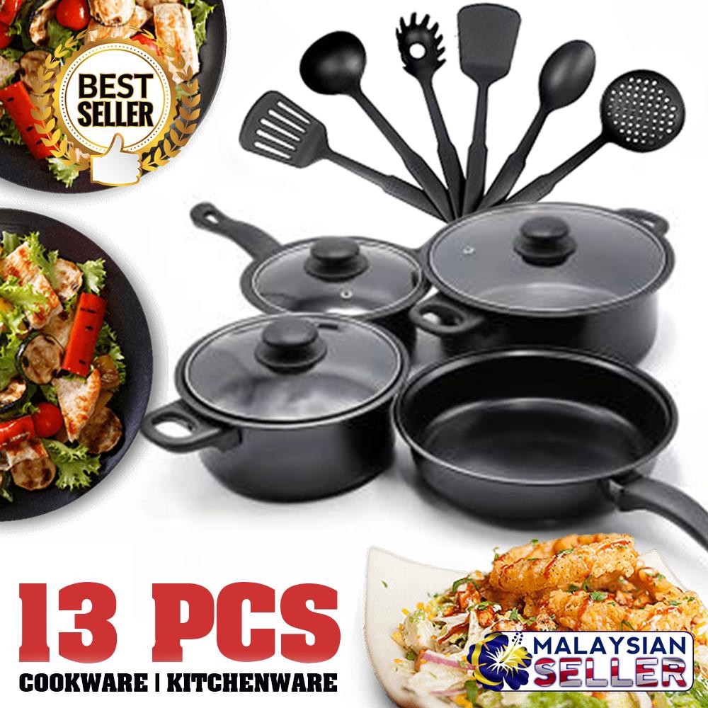 Non-Stick Cookware Set -13 pcs Sauce Pan Set With 6pcs Nonstick Spoon Set Nonstick Fry Pan Nonstick Milk Pot Covered Sauce Pan set 13 Pieces Cookware set 13 Piece Kitchen Ware Set