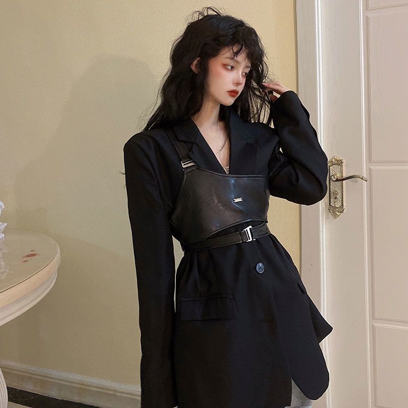 Bandage Dress Artifact Niche Design Fashionable Leather Vest Women's All-Match Simple Outer Wear Internet Celebrity Shoulder Vest Top. 