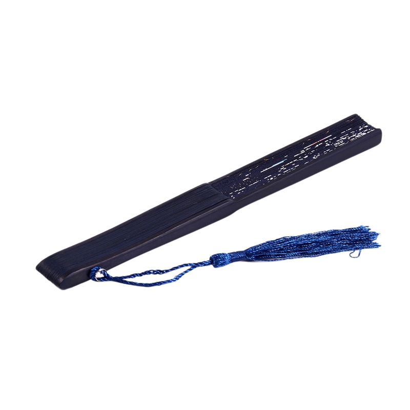 Folding bamboo lace hand fan, dark blue erfly and white flower. 