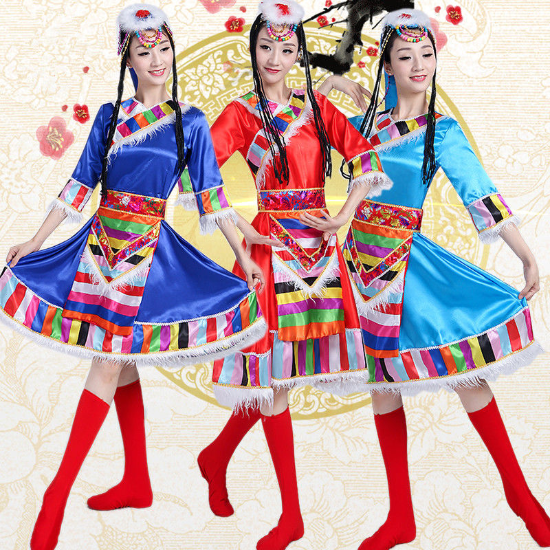 Tibetan Dance Performance Costumes Female Tibetan Minority Stage Wear Square Dancing Dress Tibet Long White Silk Sleeves Performance Costume and Accessories. 