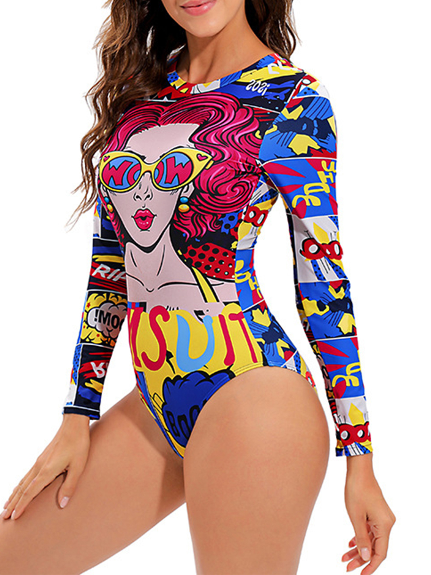 Women's One-Piece Swimsuit, 3D Print Long Sleeve Round Neck Hollow Out Back Bathing Bodysuit. 