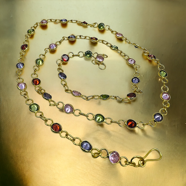 Goldplated 24Inch/ 18Inch Ladies Chain With Round Multi Colored Stone ...