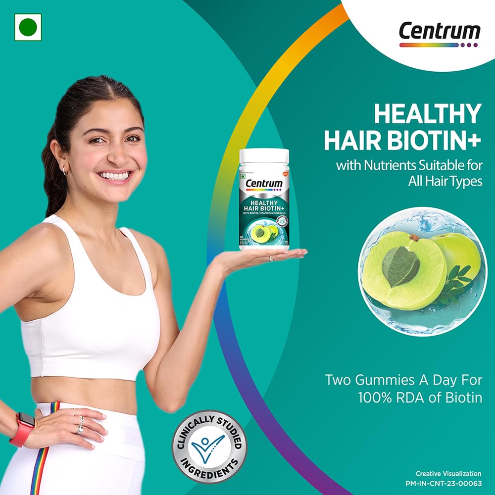 Centrum Healthy Hair Biotin+ | 30 Gummies for Men & Women | 100% RDA of Biotin, Amla, Vitamins & Minerals | World's #1 Multivitamin Brand | 100% Veg JEZ. 