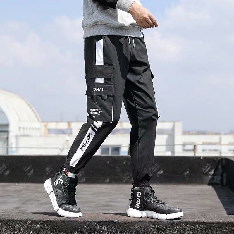 Spring and Autumn National Fashion Mechanical Style Paratrooper Pants plus Size Men Loose Fashion Brand Hip-Hop Ankle-Tied Pants Multi-Pocket Cargo Pants Men. 