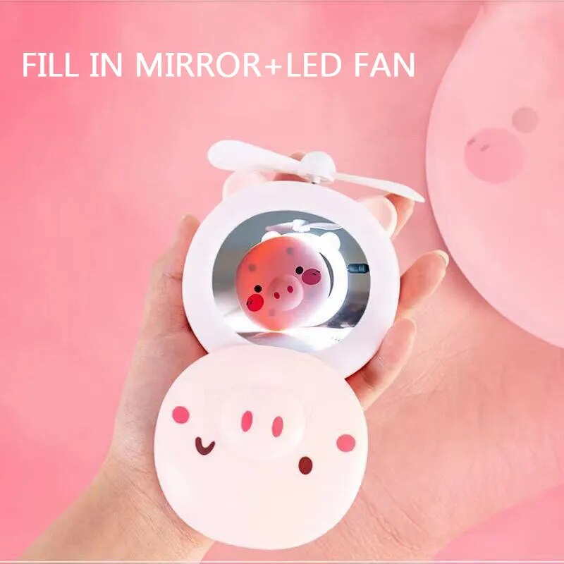 Cute Pig Mini Fan Handheld Portable Pocket Outdoor Creative Makeup Mirror with LED Light USB Charging. 