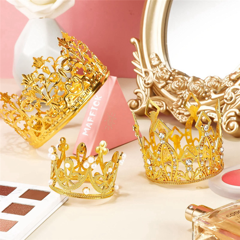 6 Pcs Gold Mini Crown Cake Topper Crystal Pearl Tiara Cupcake Toppers for Wedding Birthday Party. 