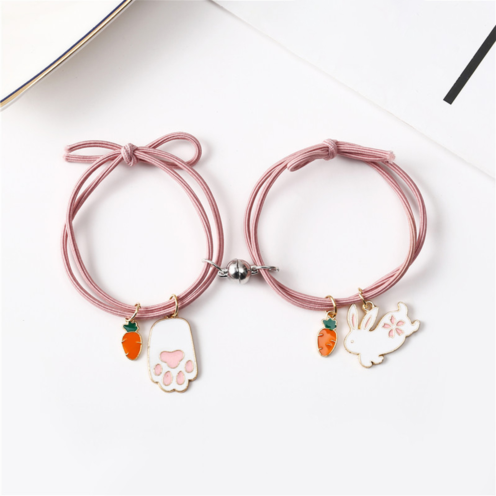 1 Pair Couple Bracelets Magnet Stone Cute Animal Knotted Adjustable Elastic Rope Decorative Valentines Day Gift Time Rabbit Pendant Lover Bracelets Rubber Bands for Student. 