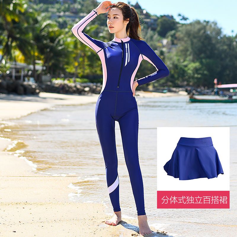 Sun Protection for Whole Body One-Piece Swimsuit Women's Long-Sleeved Trousers Covering Belly Thin Conservative Sports Professional Training Diving Suit. 