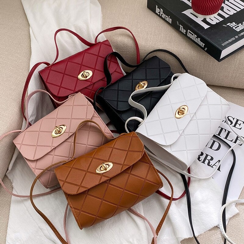 【ALLGOOD】Solid Color Versatile Satchel Ringer Stripes Square Women Small Handbag Fashion Round Lock Tide Shoulder Bag. 