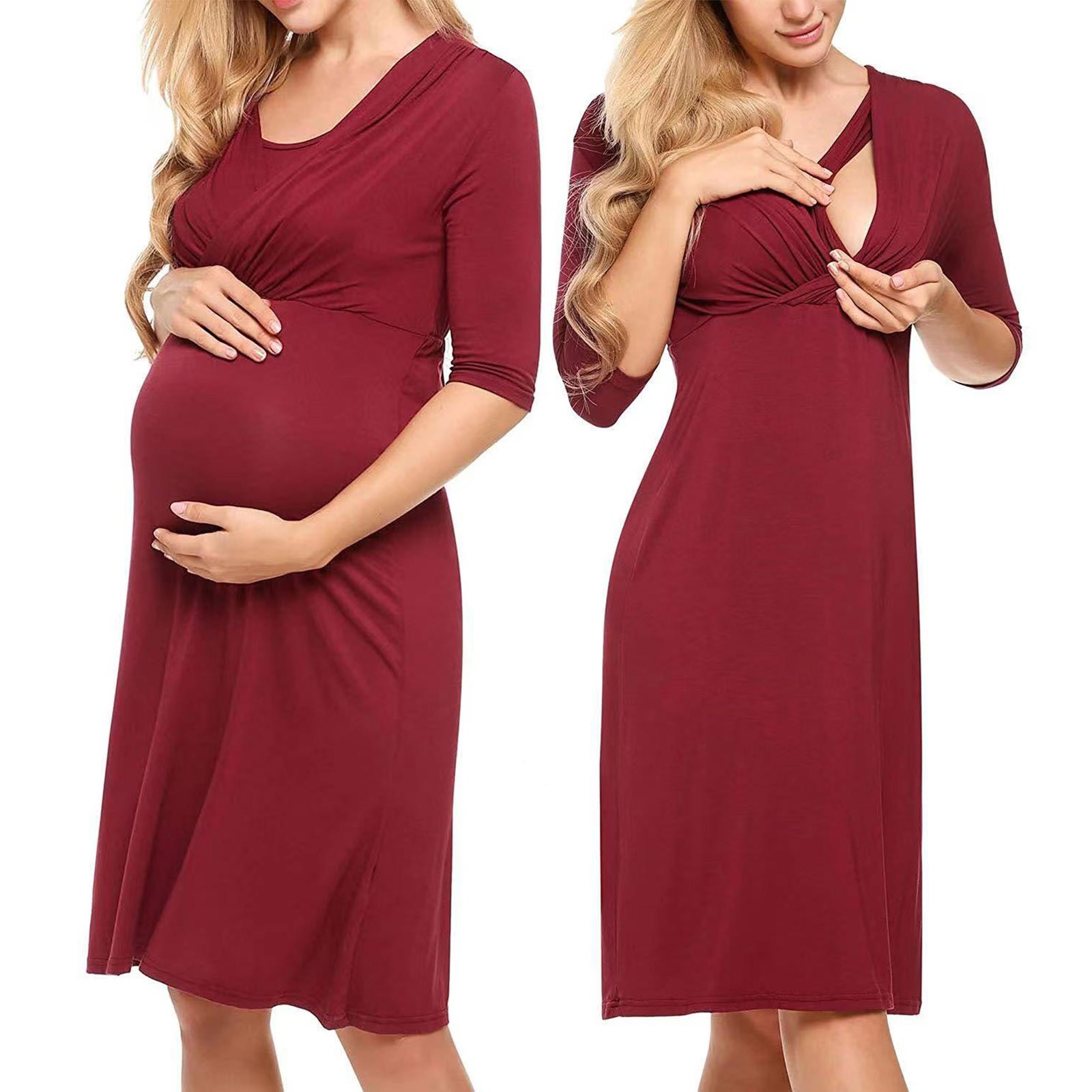 【HOT】 2023 New Breastfeeding Nightwear Women Pregnant Maternity Solid Color Tunic Breastfeeding Summer Comfy Maternity Dress Vestido. 