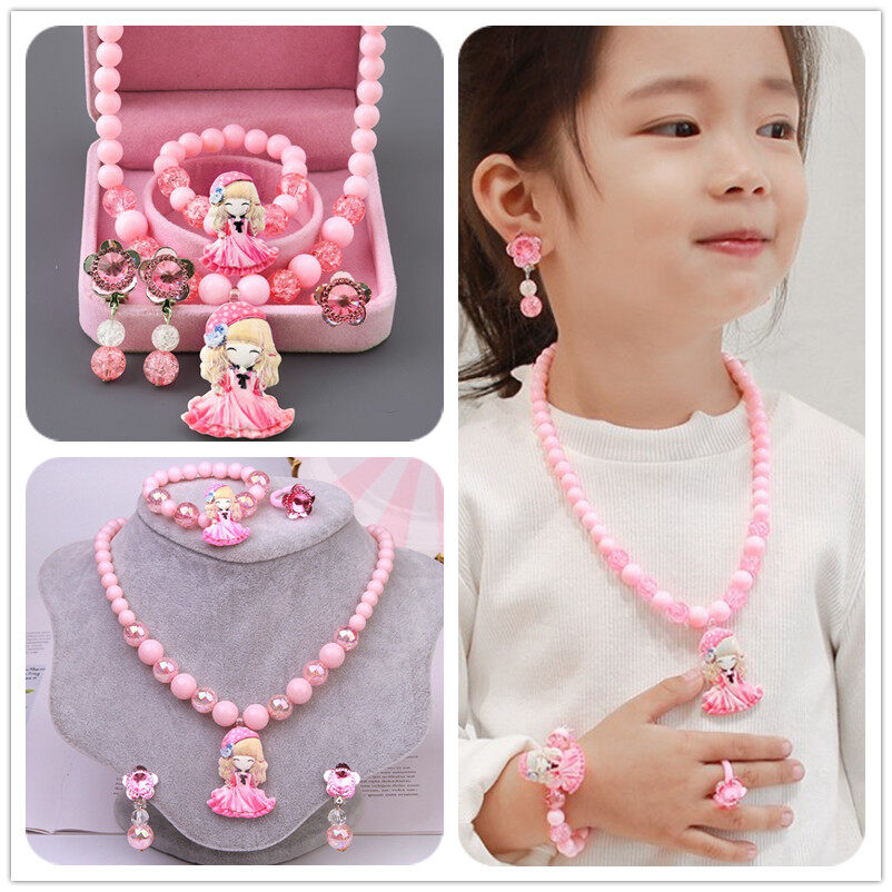 Princess Elsa Necklace Girl Bracelet Kids Jewelry Accessories Frozen Necklace Disney Cartoon Bracelet Gift Set