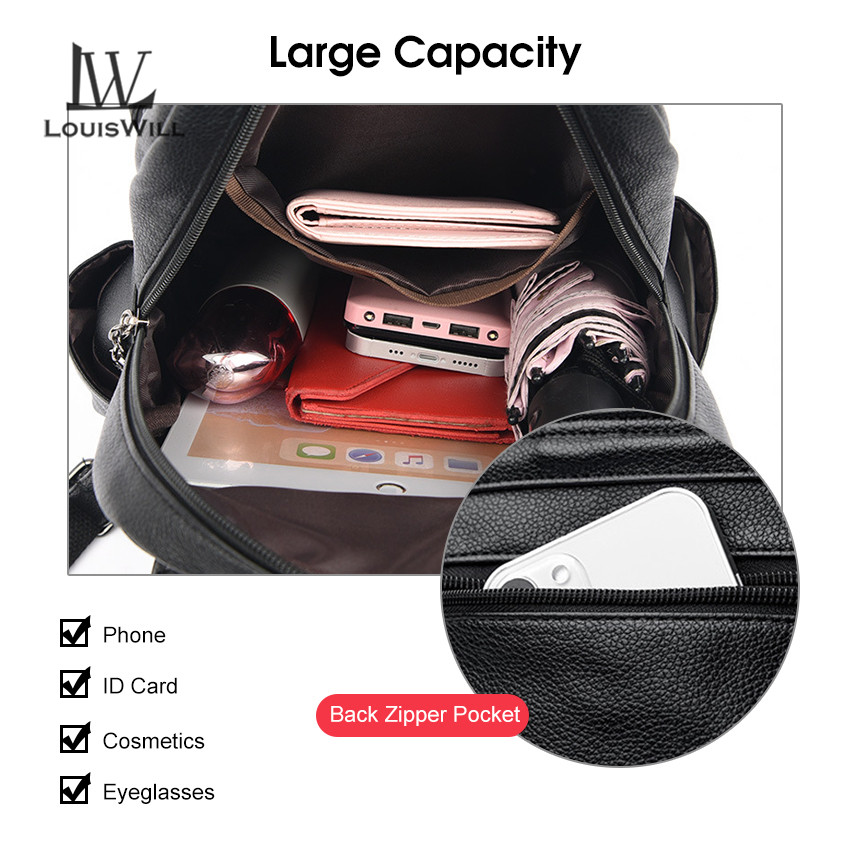 LouisWill Women’s Backpack Shoulders Bag Waterproof PU Large Capacity Backpack Lightweight Laptop Backpack Casual Zipper Packs Multiple Pockets For Girls Teens Women’ Fashion. 