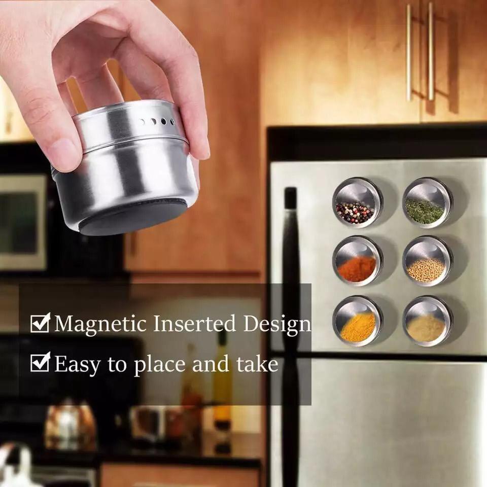 Magnetic Spice Jars With Wall Mounted Rack Stainless Steel Spice Tins pepper Seasoning Containers tools Wipeable Label Set. 