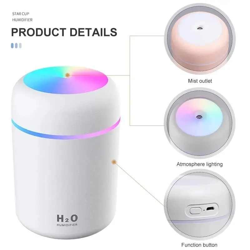 USB Cool Mist Sprayer Portable 300ml Electric Air Humidifier Aroma Oil Diffuser with Colorful Night Light for Home Car. 