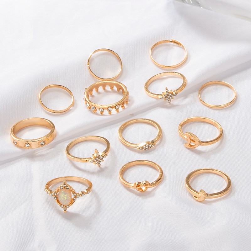 Trendy Gold Color Crystal Moon Star Crown Shape Ring Set for Women Girl Metal Geometric Rhinestone Midi Ring 3377. 