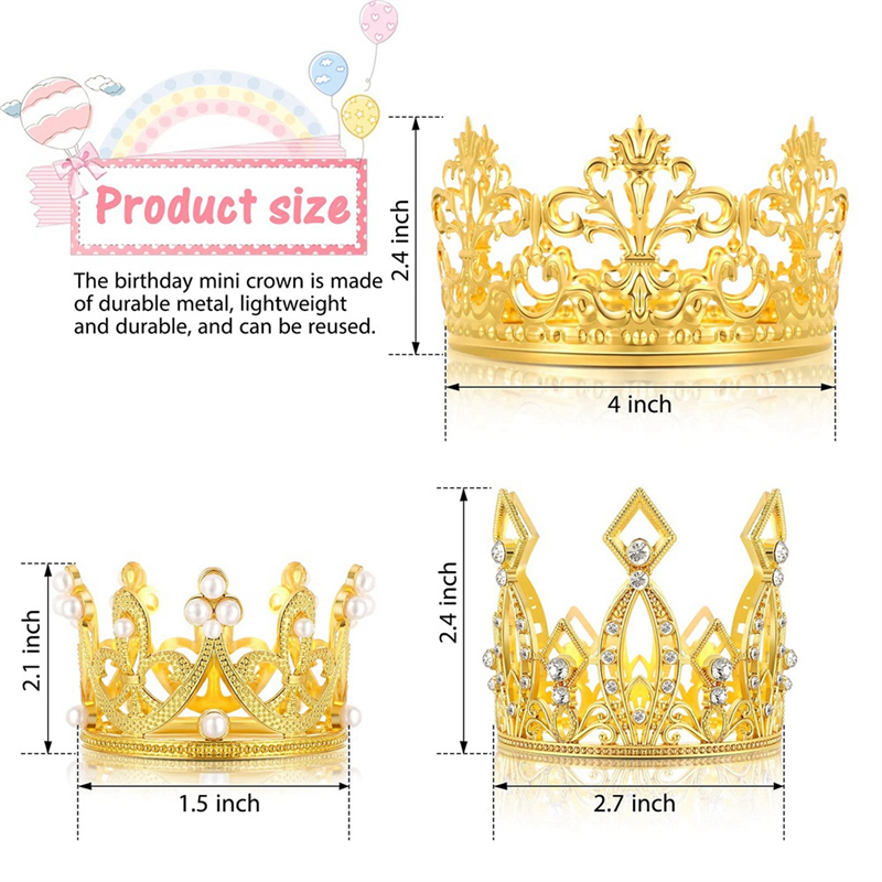 6 Pcs Gold Mini Crown Cake Topper Crystal Pearl Tiara Cupcake Toppers for Wedding Birthday Party. 
