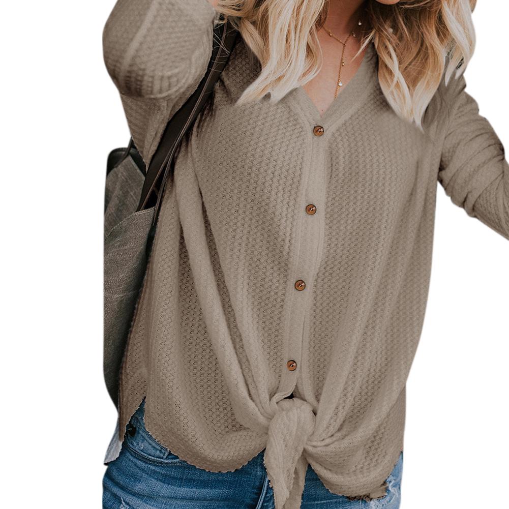 sleeved V-neck Cardigan Solid Color 