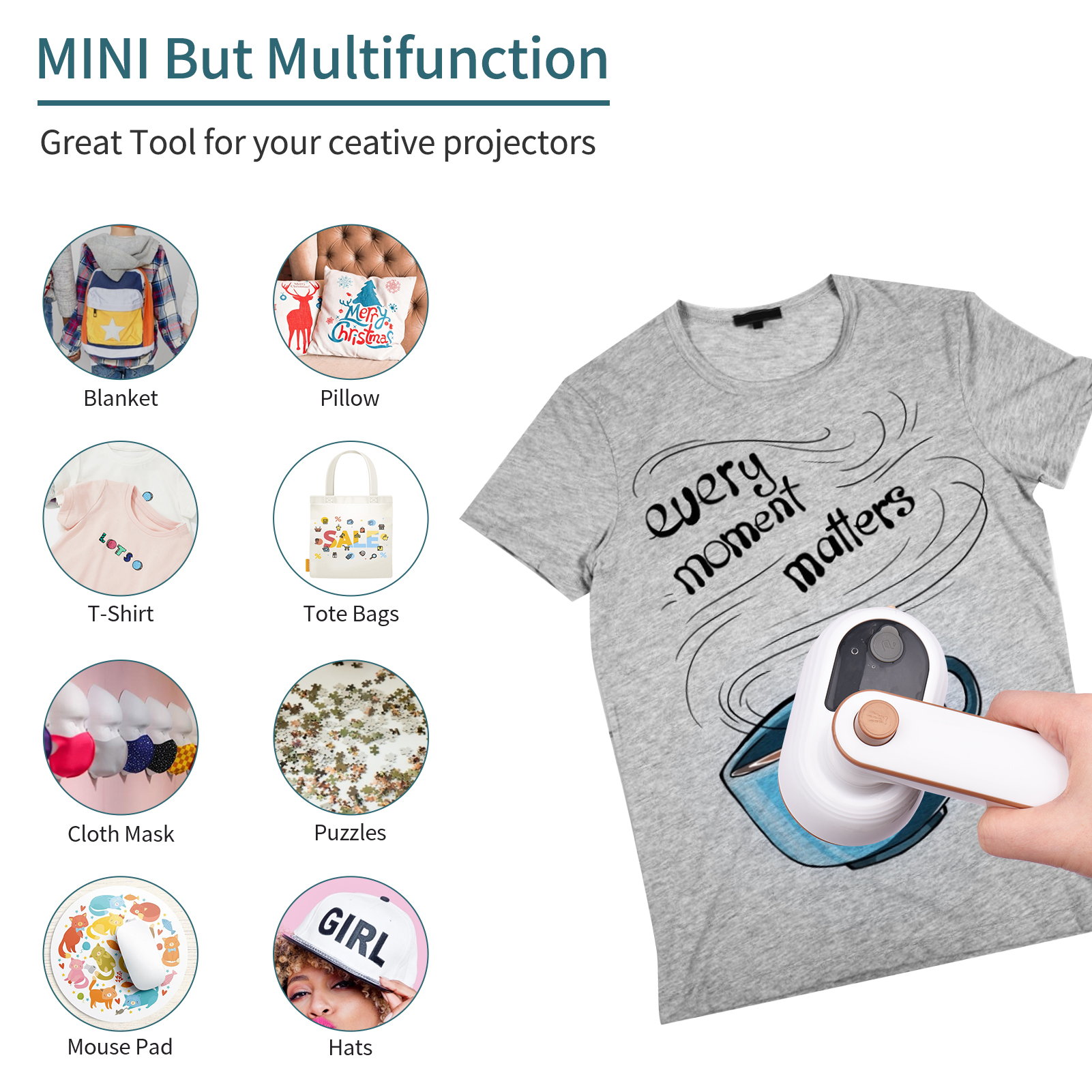 Mini Heat Press Machine T-Shirt Printing Steam Heating Transfer Press Handheld Iron Machines Support Dry Wet Ironing for Clothes Bags Hats Pads Blanket Phone Case Portable HTV Vinly Projects DIY Home Business. 