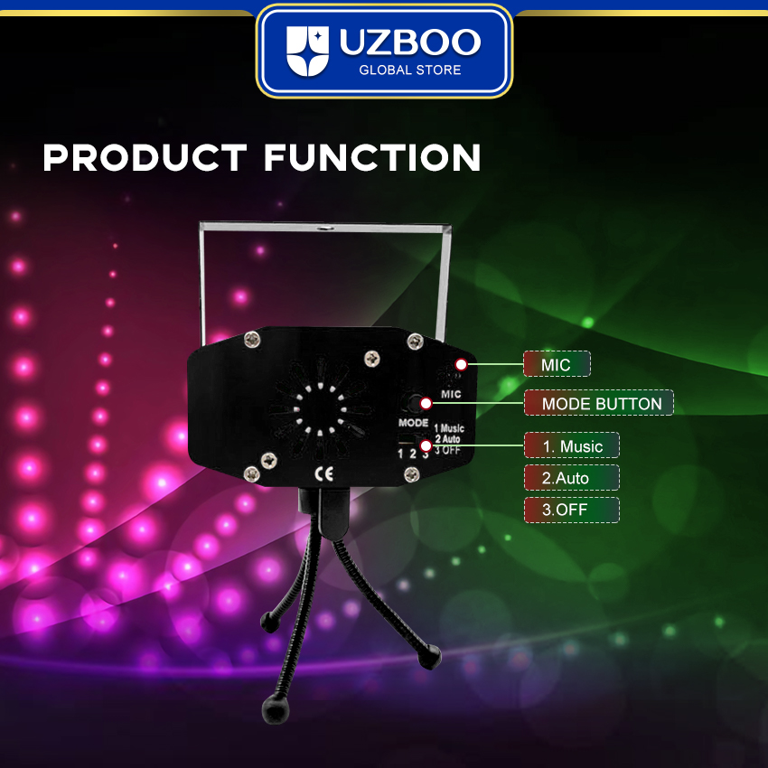 UZBOO RGB Laser Stage Lights 32 Pattern Party Projector Lights DJ Disco Sound Activated Strobe Lights RGB LED Laser Projector For Birthday Wedding KTV Bar Concert USB Plug. 