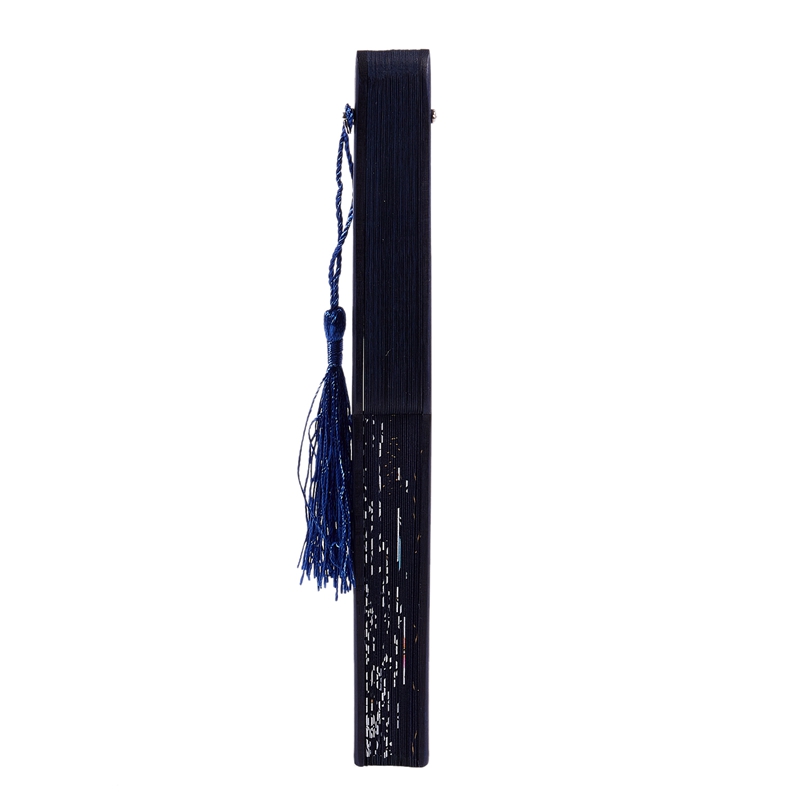 Folding bamboo lace hand fan, dark blue erfly and white flower. 