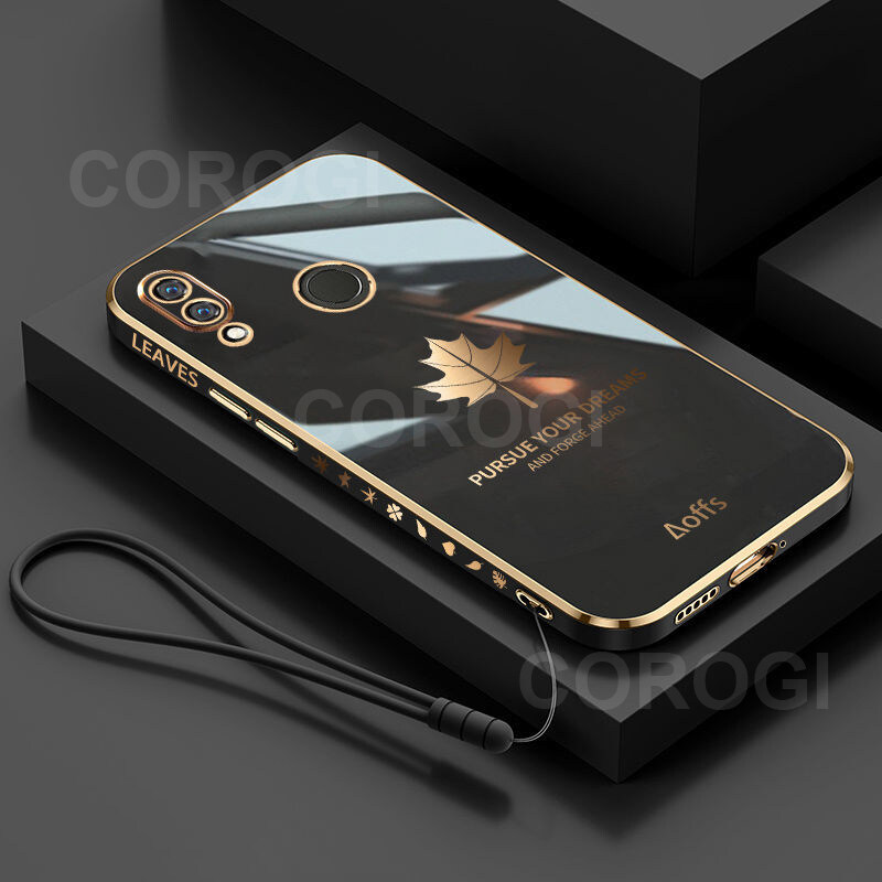 LECOMES for Huawei Y6 Prime 2019/Huawei Y6s Back Cover + Free Lanyard Luxury 6D Plating Shiny Maple Leaf Protective Case Square Bumper Soft Silicone Mobile Phone Cases