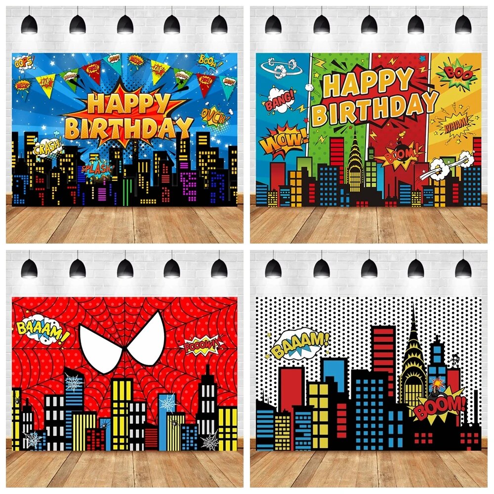 spiderman birthday decorations Superhero City Building Photography Background Baby Shower Boy Birthday Party Super Hero Comic Custom Backdrop For Photo StudioBalloons