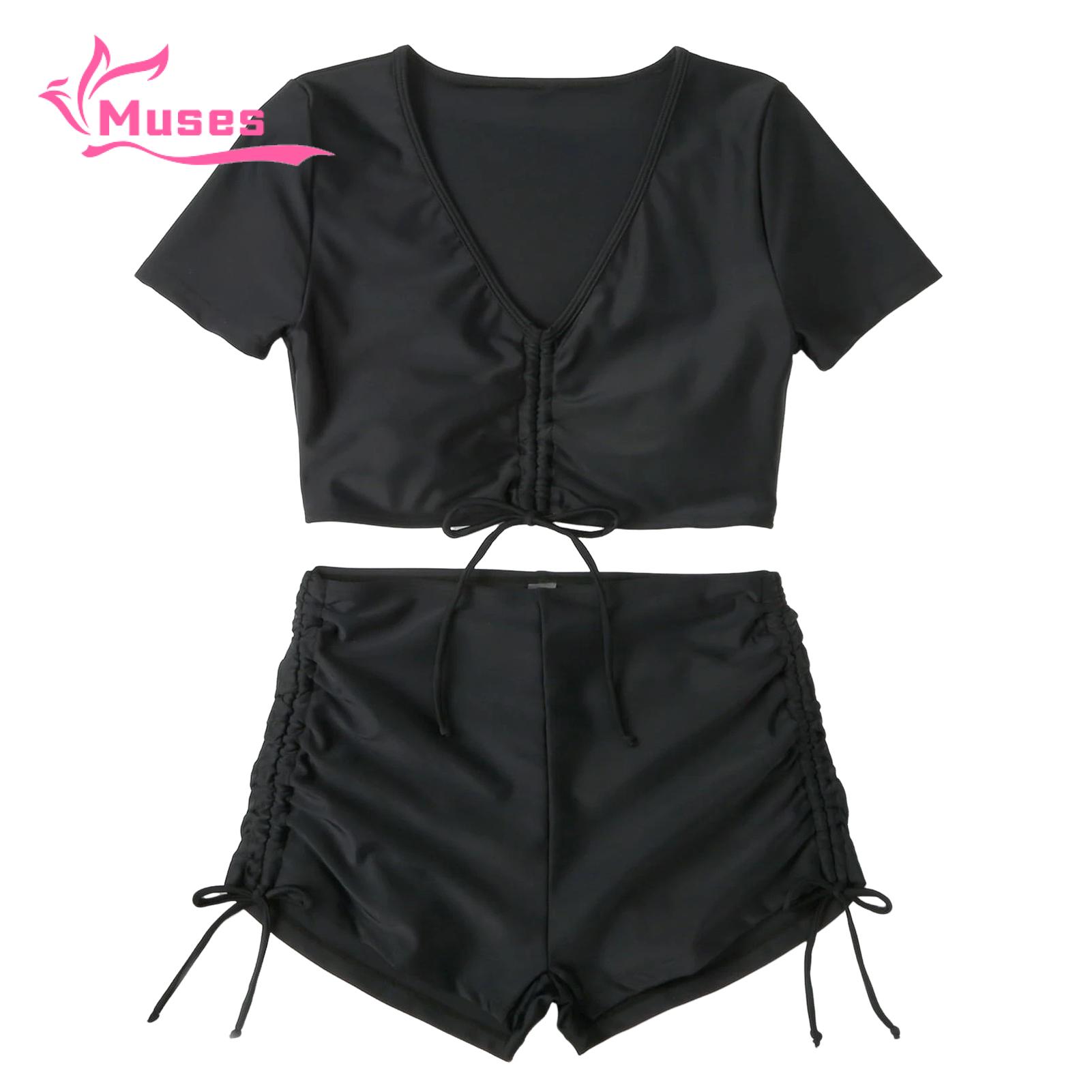 Muses Mall V-neck Swimsuit 2pcs Women's Summer Bikini Set V-neck Short S ve Tops High Waist Drawstring Swimming Trunks Quick Dry Swimsuit Solid Color