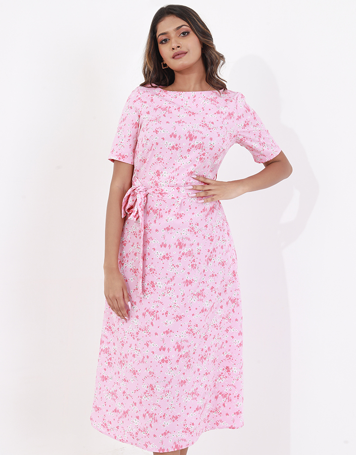 Spring & Summer Short Sleeves Midi Dress with Side Pockets. 
