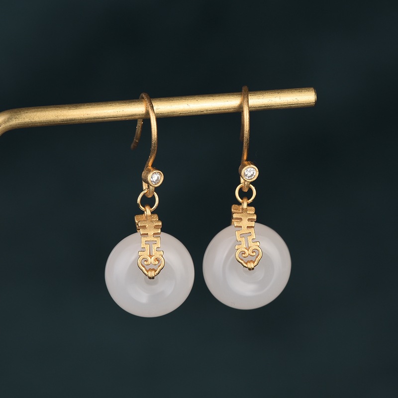 Her Lab Jewelry |18K Gold Chinese Style Hanzi Double Happiness Earrings Gold-plated Retro Court Style Inlaid White Jade Earrings Fashionable Personalized Jade Ladies Earrings