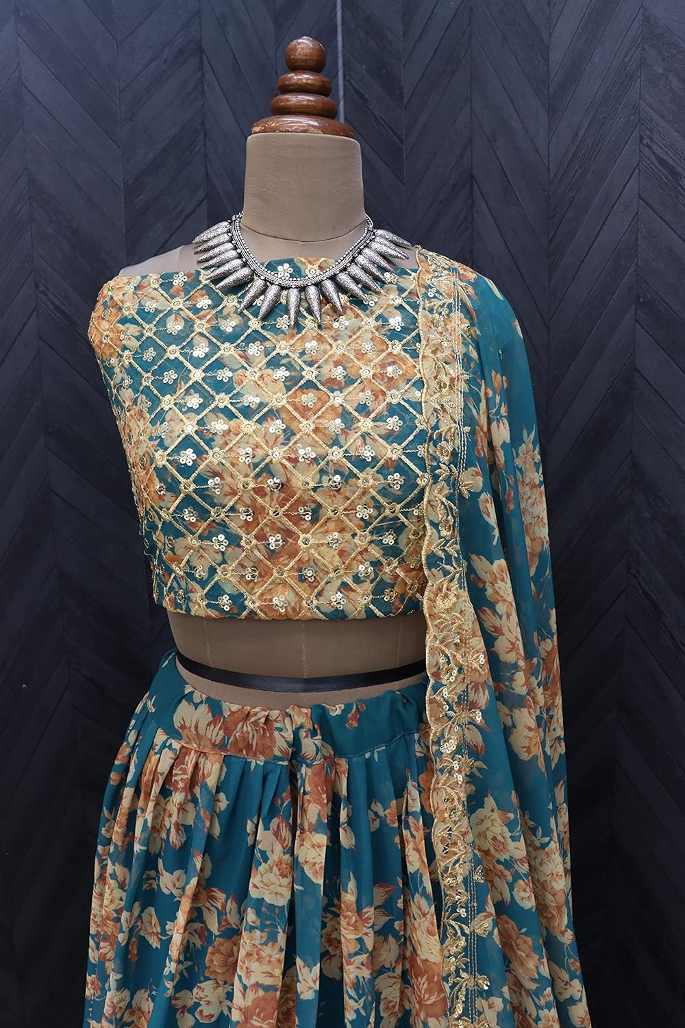 Ethnic Yard Women's Gerogette Semi Stitched Firoji Lehenga Choli(FROM INDIA)NUZ. 