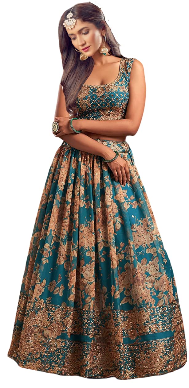 Ethnic Yard Women's Gerogette Semi Stitched Firoji Lehenga Choli(FROM INDIA)NUZ. 
