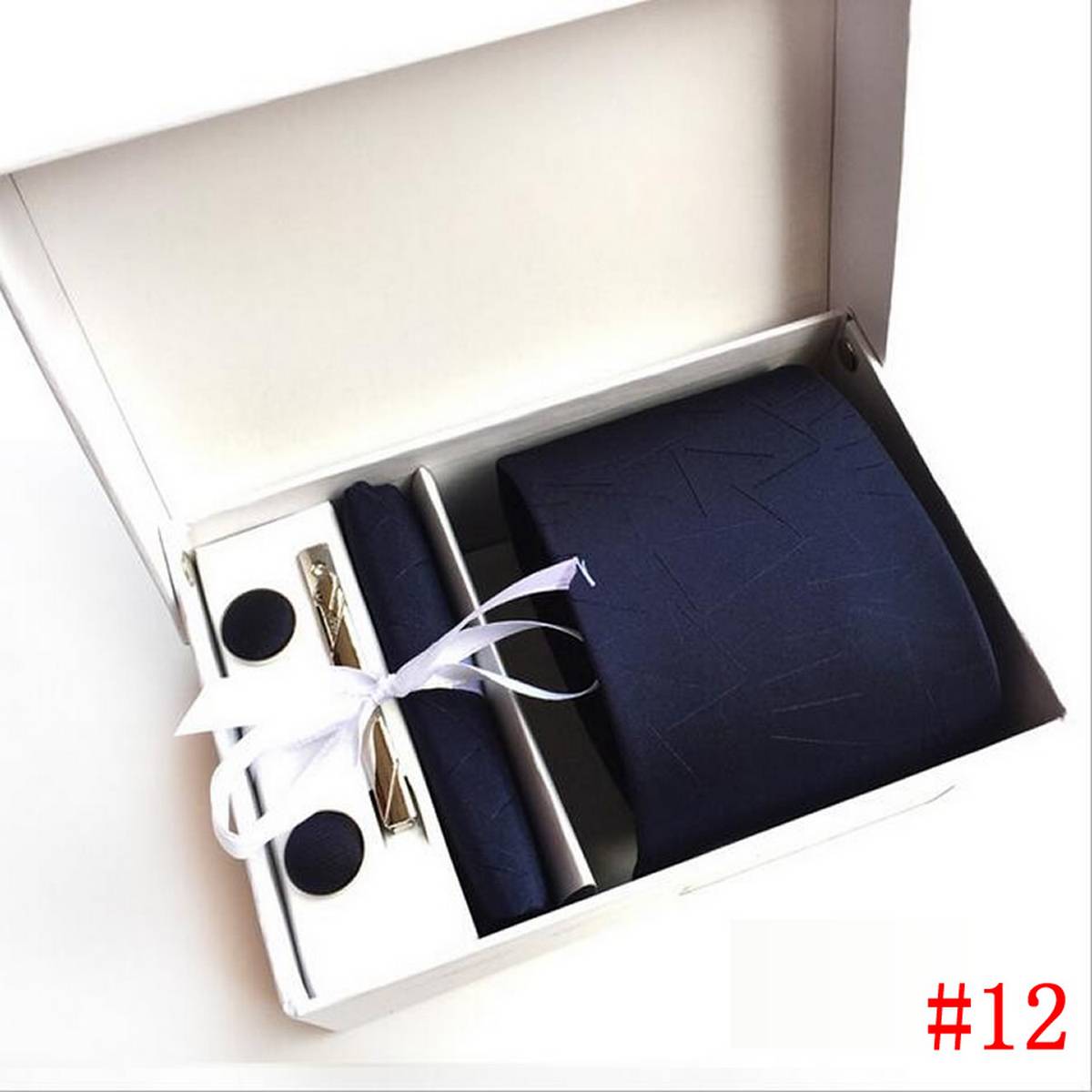 【BestGO】New High Quality 8CM Ties Set For Men Cufflink Pocket Square Tie Clips Handkerchief Mens Striped Wedding Party Necktie With Gift Box(Dark blue) - intl
